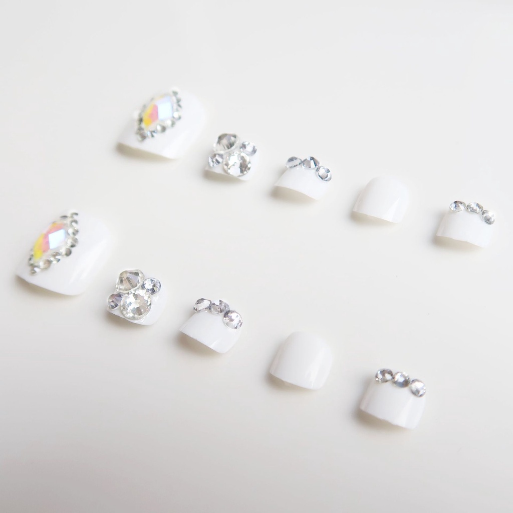 Set 24 móng chân giả màu trắng đínnh đá J54 Jojo móng giả móng úp đính đá trẻ sang chảnh tự làm tại nhà
