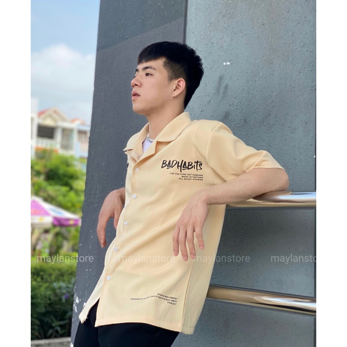 Áo Sơ mi Nam Tay Ngắn Thêu Họa Tiết Bad Habits form rộng unisex MAYLANSTORE