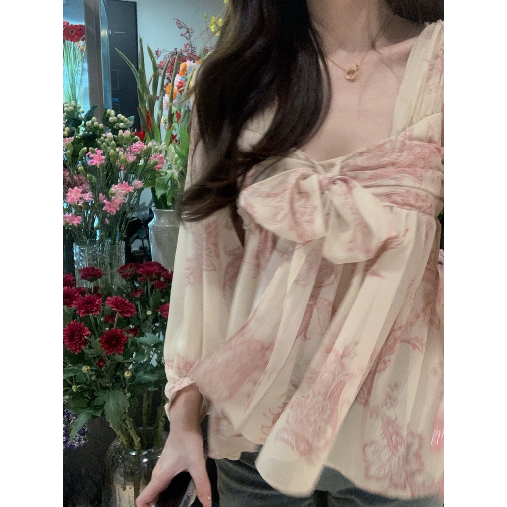 QOEDDV Áo kiểu tay dài cổ vuông in họa tiết hoa phong cách Hàn Quốc thời trang xinh xắn cho nữ