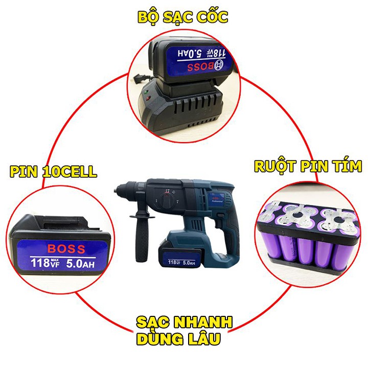 Máy khoan pin bê tông Bosch 118 V, Lõi đồng 100%, không chổi than, 3 chức năng, 2 pin siêu mạnh mẽ.