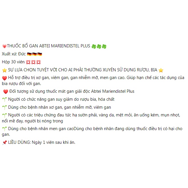 Viên uống bổ gan Abtei Mariendistel Plus hỗ trợ người sơ gan, men gan cao hộp 30 viên