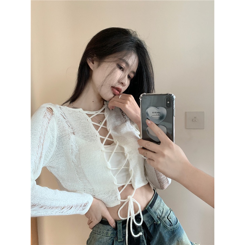 Cocory vn Áo Dệt Kim Tay Dài Cổ Tròn Thiết Kế Khoét Quyến Rũ