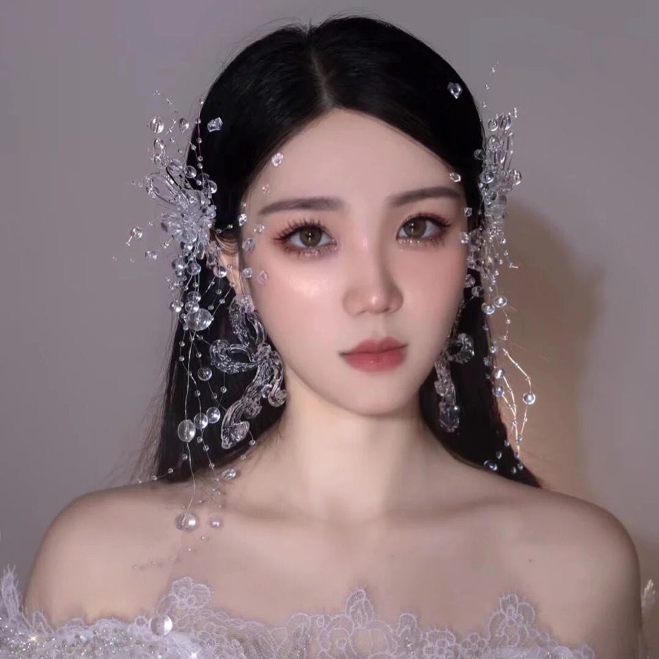 Kẹp Tóc Đính Pha Lê Tua Rua Bên Hông Trong Suốt Phong Cách Mori Nhật Hàn Cho Cô Dâu