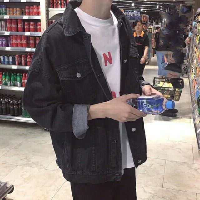 (VIP) Áo khoác jean nam màu đen form rộng cao cấp giá rẻ có 6 túi thật Human-Trơn