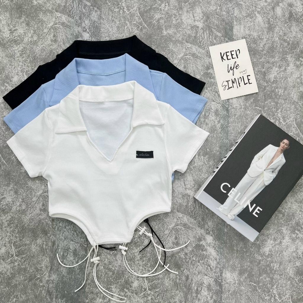 Áo croptop ngắn tay dây eo Xquin, Áo polo phối dây eo chất cotton cực quyến rũ