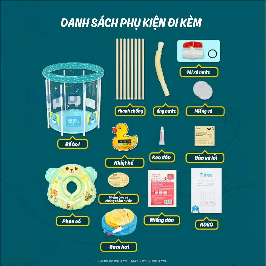 Bể bơi thành cao Umoo Doctor Dolphin MẪU MỚI 2023 loại to kích thước 80x80cm tặng kèm phao cổ, bơm tay, miếng vá