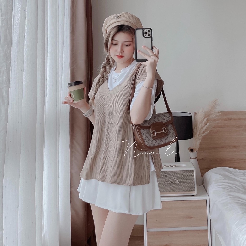 Set bộ đồ nữ 3 món áo thun phối áo khoác gile xẻ tà xinh xắn với 2 màu tôn da, tôn dáng dành cho các nàng yêu đi chơi