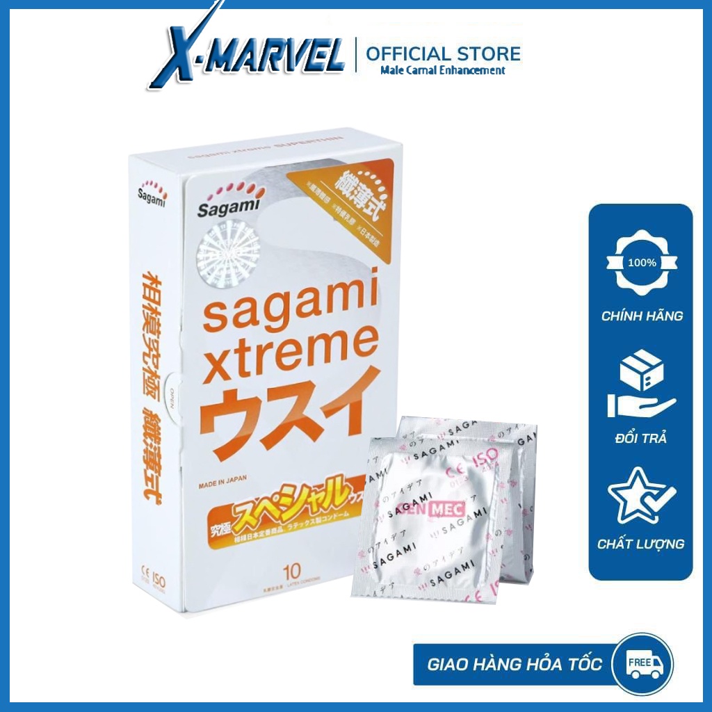 Bao cao su Sagami Xtreme Superthin siêu mỏng/nhiều gel/49mm, quà tặng bcs gân/gai/bi/râu/siêu mỏng/nhiều gel bôi trơn