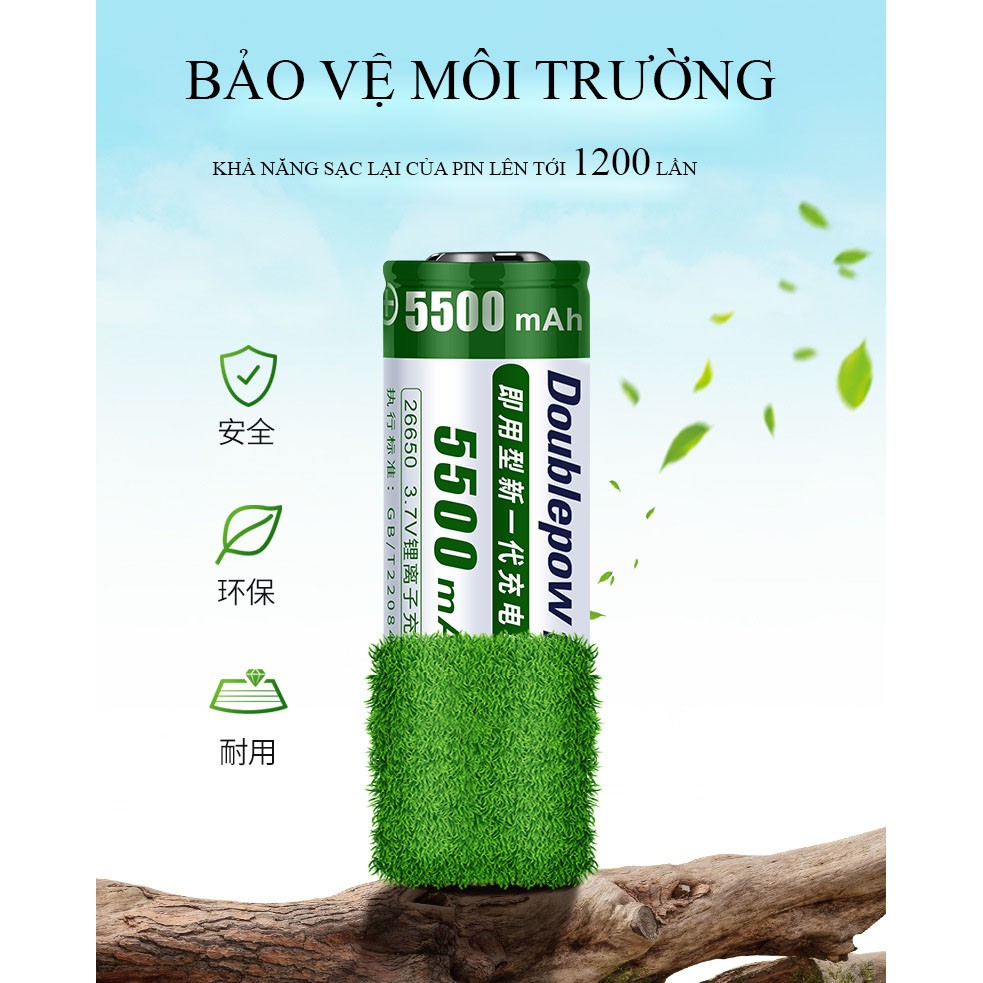 Pin Cell 26650 sạc lại chính hãng Doublepow công suất cao, sử dụng cho đèn siêu sáng, chế ắc quy