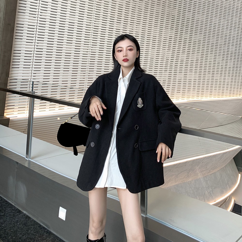 Áo Khoác Len Dáng Rộng Màu Đen Phong Cách Retro | BigBuy360 - bigbuy360.vn