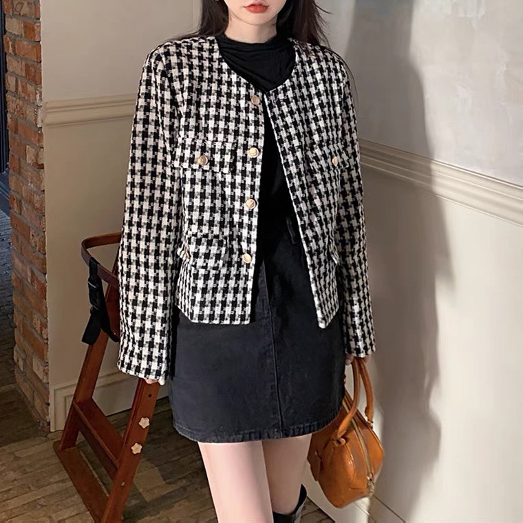 Áo khoác dạ tweed đỏ đen dáng ngắn họa tiết răng sói phối cúc (có ảnh thật)