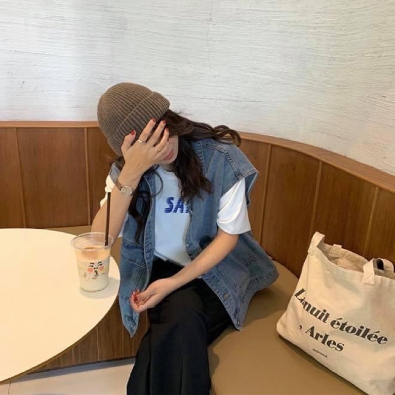 Áo khoác jean denim tay ngắn sát nách oversize - Order taobao quảng châu