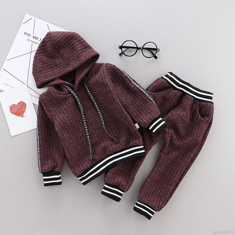 Set Áo Hoodie Dài Tay Sọc Ngang + Quần Dài Cho Bé Trai