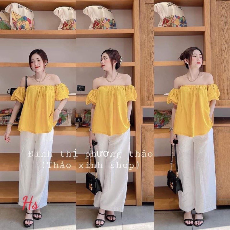 Bộ Áo Trễ Vai Quần Trắng Đũi , Áo Hở Vai Kèm Quần Suông Ống Rộng 2 Màu X30 - HT STORE