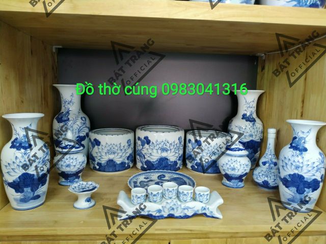 Bộ đồ thờ cao sen xanh men lam cao cấp bát tràng