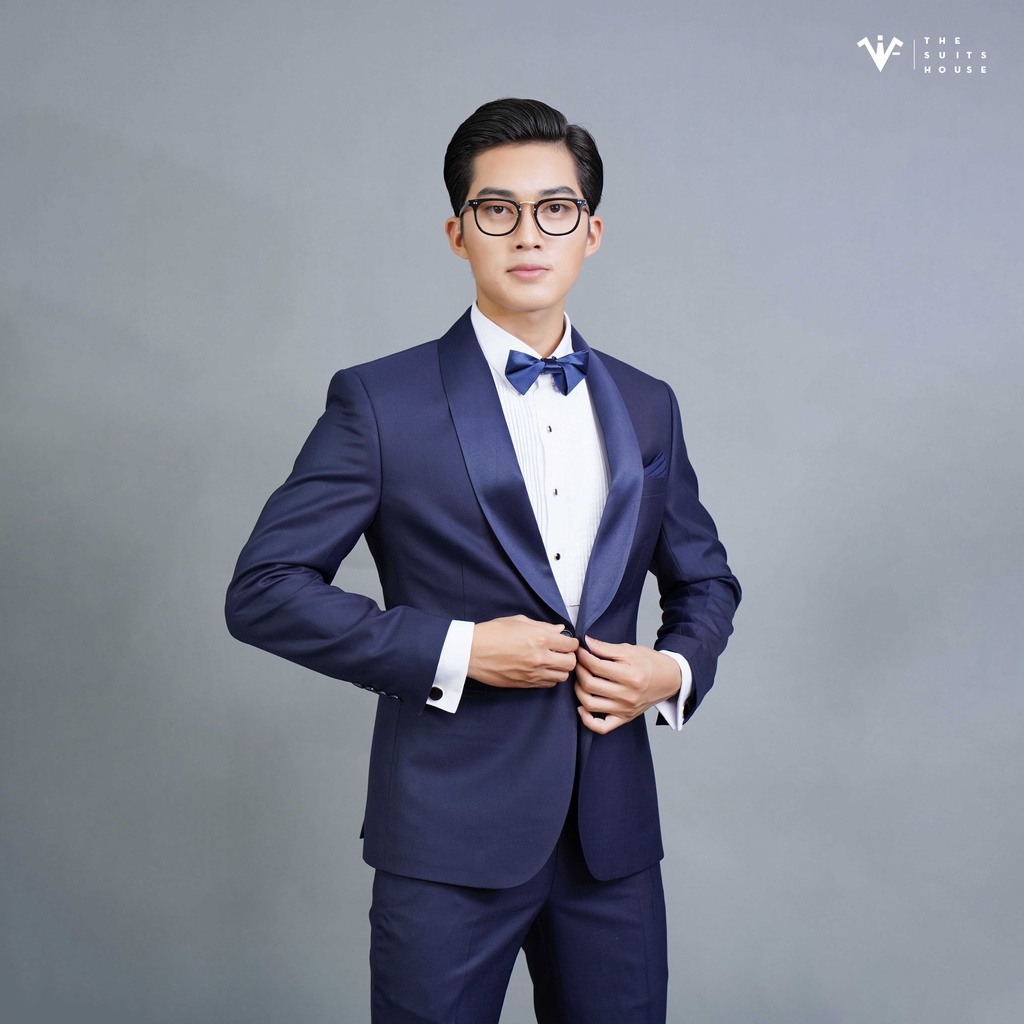 Bộ tuxedo nam xanh đen cổ sam 1 khuy, chất Wool, chuẩn form The Suits House