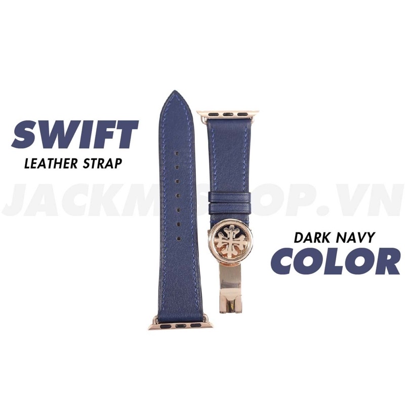 [DÂY DA THẬT] DÂY DA BÊ SWIFT MAY TAY THỦ CÔNG MÀU DARK BLUE KHÓA PATEK CHO APPLE WATCH SERIES 1=&gt;6 (BẢO HÀNH 1 NĂM)