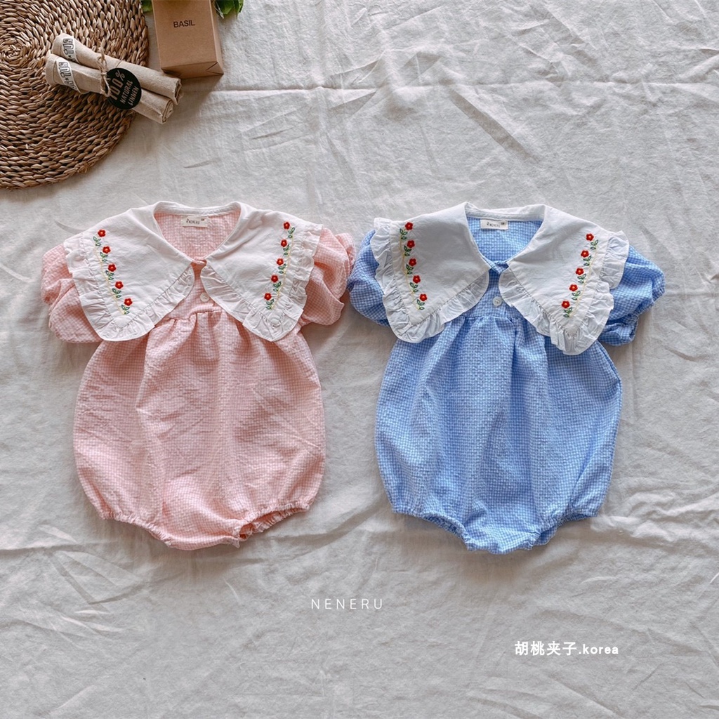 Bộ Áo Liền Quần Cổ Bẻ Thêu Hoa Nhỏ Phong Cách Hàn Quốc Thời Trang Mùa Hè Xinh Xắn Cho Bé Gái 0-2 Tuổi