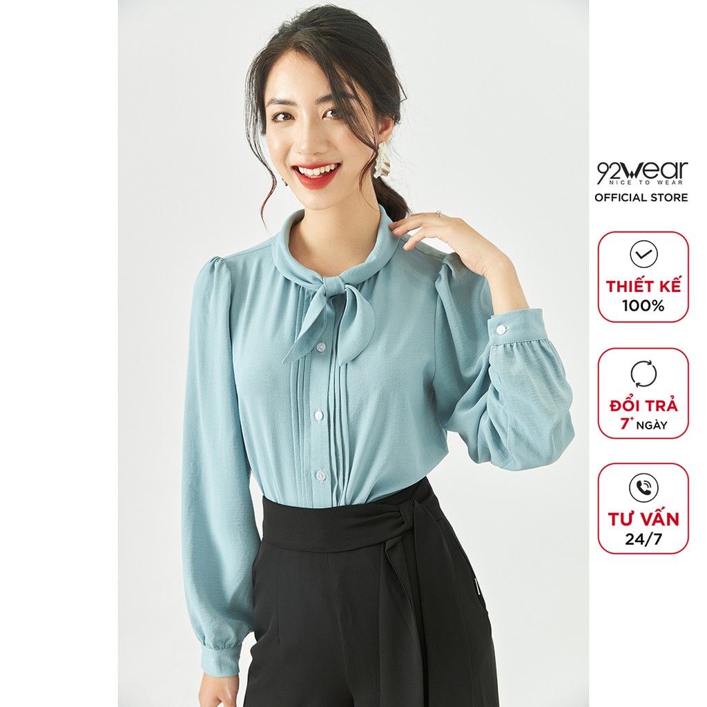 Áo sơ mi nữ dài tay nơ cổ 92WEAR thiết kế công sở thanh lịch ASA1690