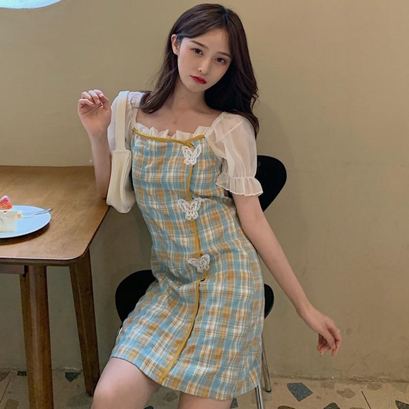 Đầm Tay Ngắn Cổ Vuông Họa Tiết Hình Bướm Phong Cách Retro Pháp Nữ Tính