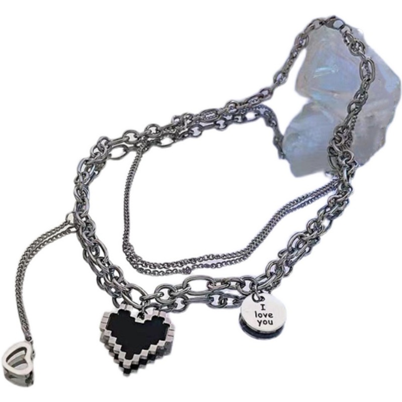 Dây Chuyền Hai Lớp Mặt Hình Trái Tim Màu Đen Phong Cách Hip Hop Hàn Quốc 19A1173