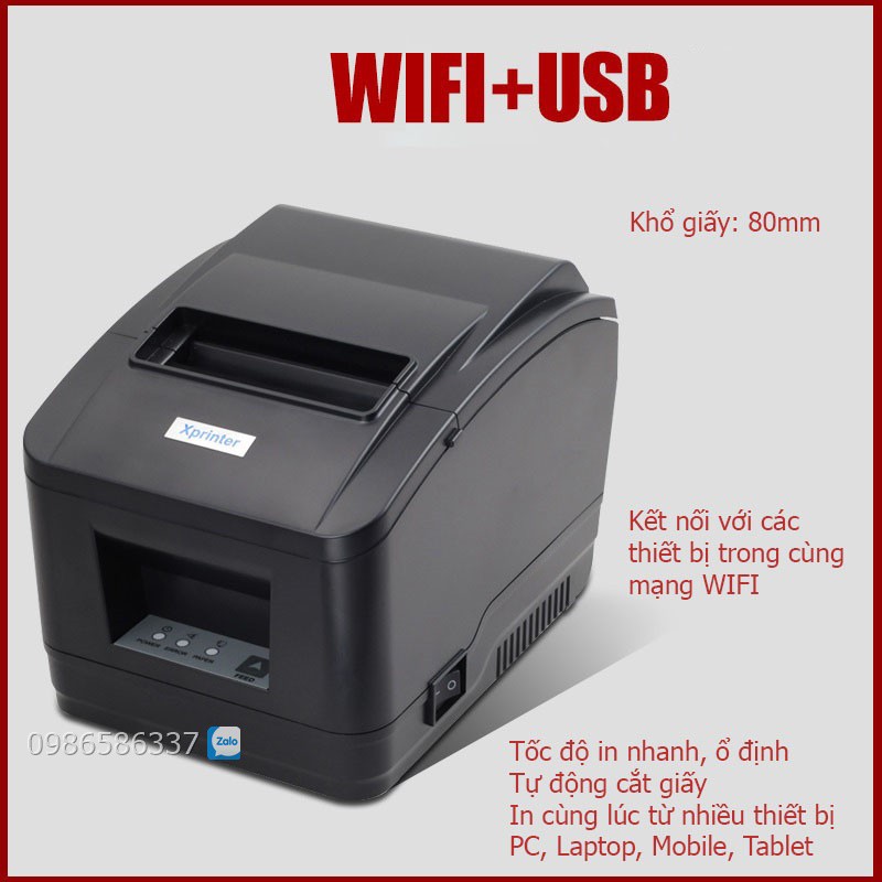 Máy in hóa đơn K80 WIFI, in bill chuyển nhiệt khổ 80mm tự động cắt giấy Xprinter N160w dùng cho điện thoại