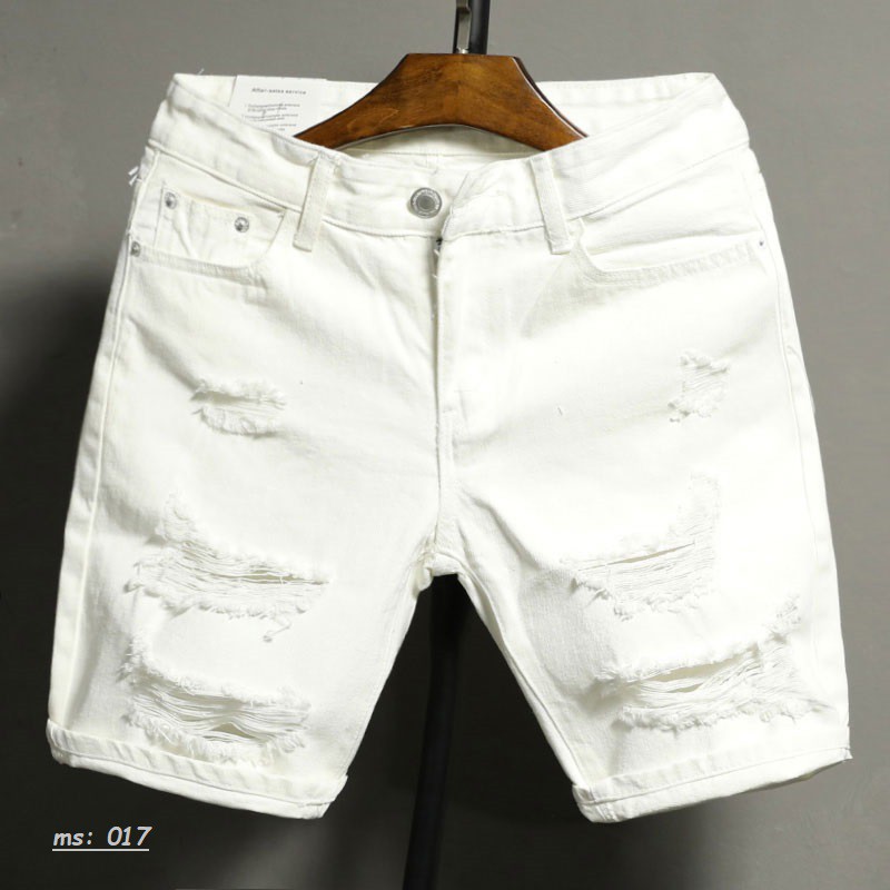 Quần short jeans nam trắng rách