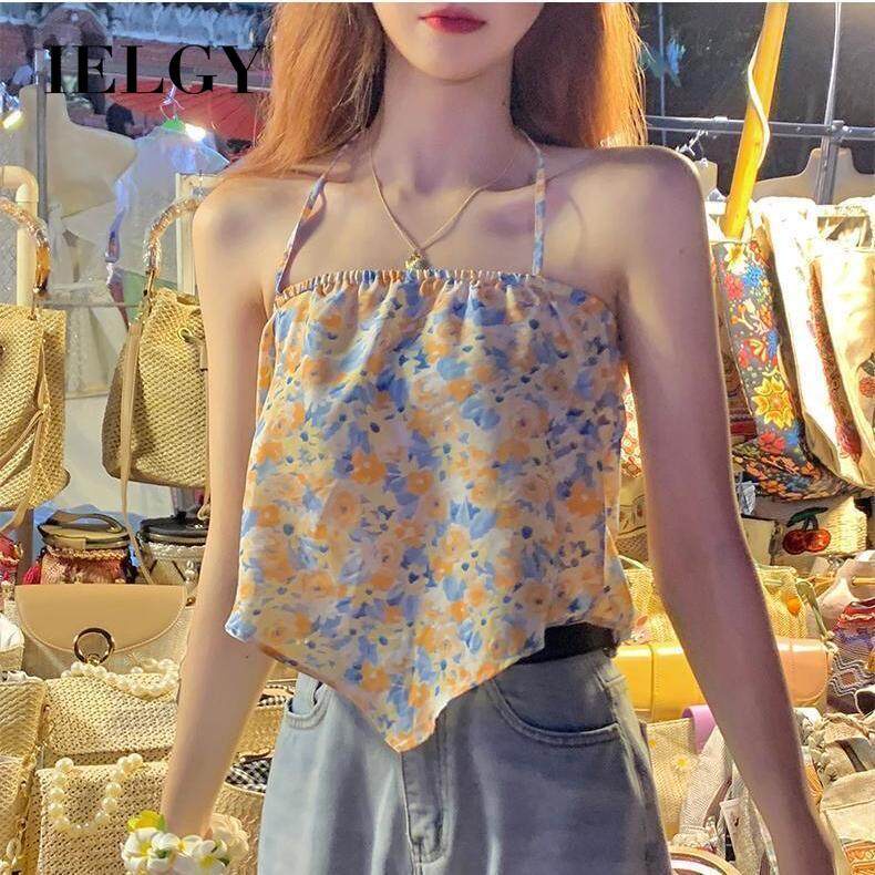 Áo kiểu IELGY dáng ngắn không tay in hoa gợi cảm cho nữ