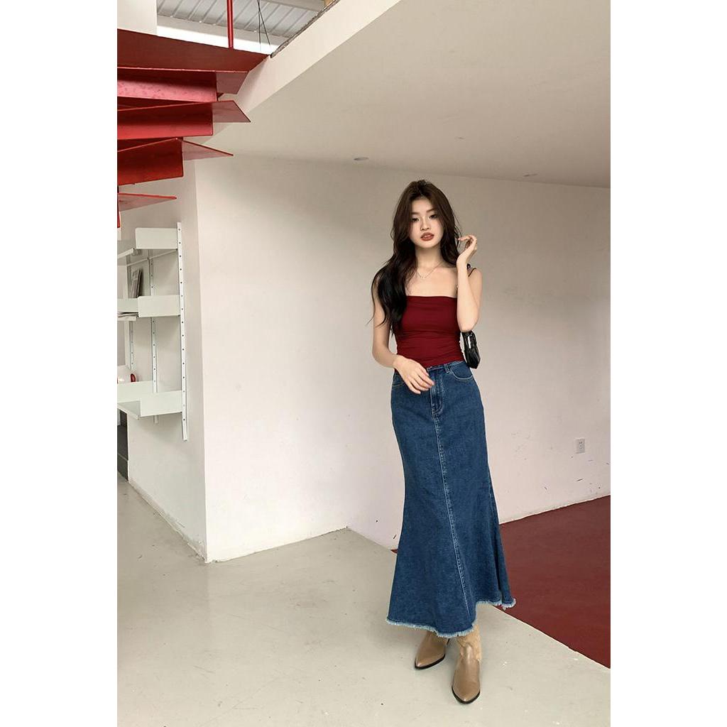 Chân Váy Denim Tua Rua Lưng Cao Dáng Dài Thời Trang Sành Điệu 63431