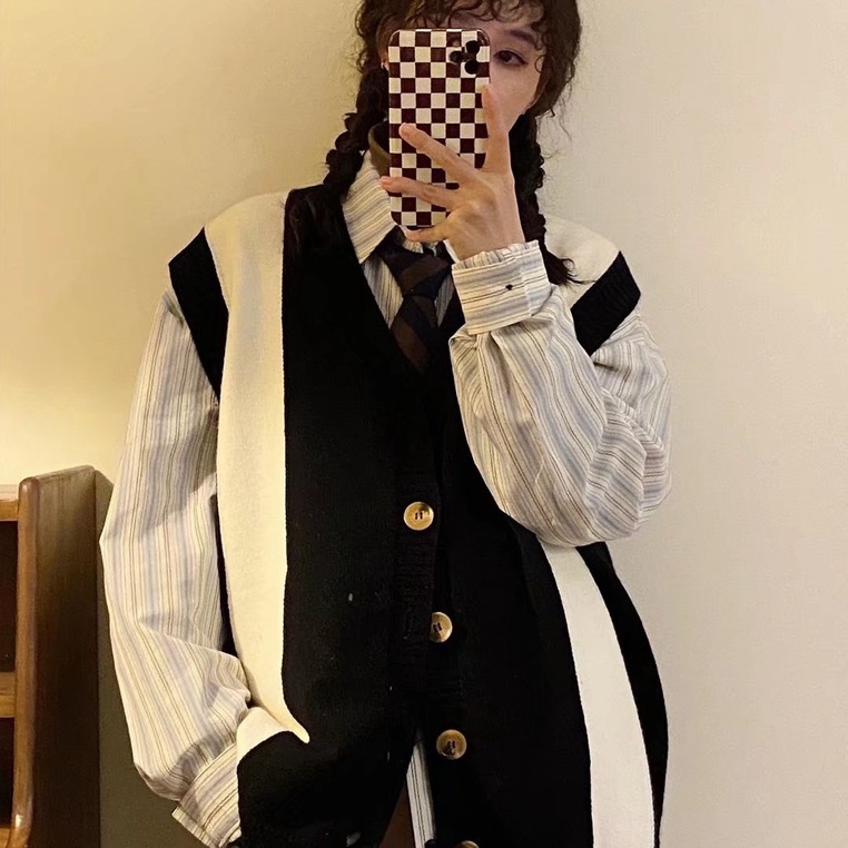 Áo cardigan len không tay dáng rộng màu sắc tương phản phong cách harajuku dành cho nam giới áo sweater khoác  thời trang áo tay lỡ  phối hàn áo dệt kim