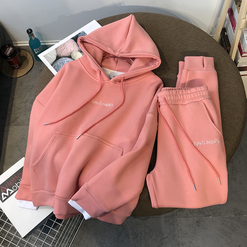 Set Áo Hoodie Dài Tay Quá Khổ + Quần Chạy Bộ Phù Hợp Với Nữ Chất Siêu Dày Dặn Phong Cách Thể Thao