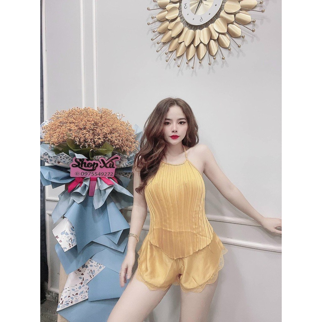 Đồ ngủ sexxy/ Yếm dập ly, chất liệu satin cao cấp mềm mịn, kèm quần gợi cảm, free size dưới 65kg | BigBuy360 - bigbuy360.vn