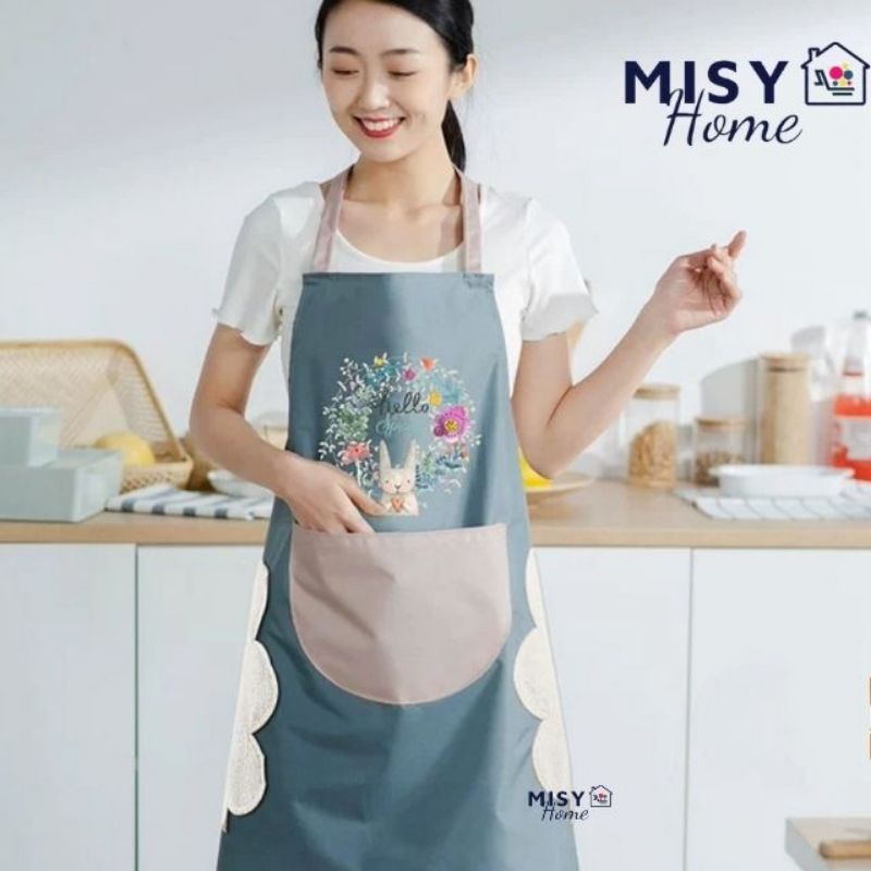 Tạp dề thỏ nấu ăn chống thấm nước có lau tay có túi Misy home tạp dề phục vụ quán cà phê cafe đầu bếp nail spa pha chế