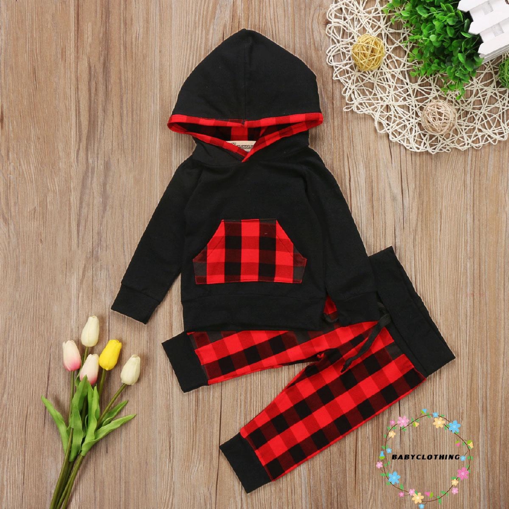 Set đồ gồm áo hoodie bằng vải cotton sọc caro + quần dài cho bé