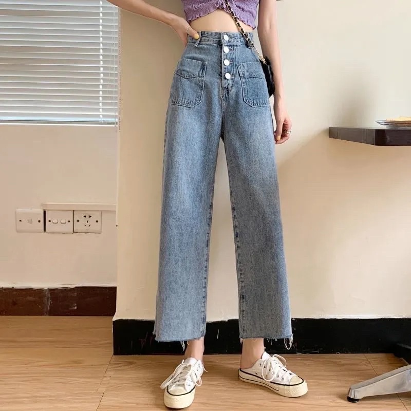 Quần Jean Nữ Màu Xanh Cạp Cao Ống Suông, Quần Bò Ống Đứng Cài Cúc Có Túi Chất Denim Jean Loại 1 Hàng Quảng Châu