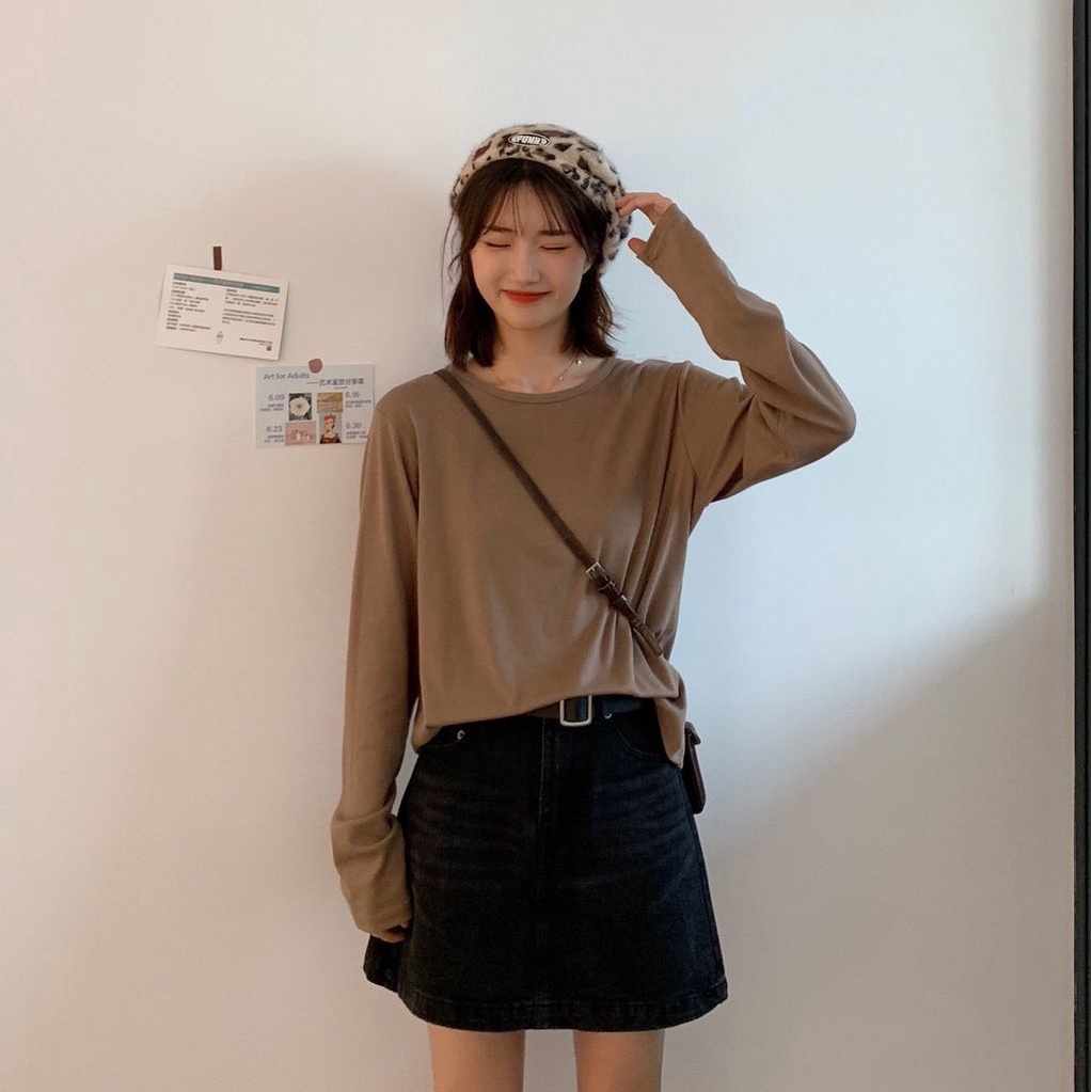 Áo Thun Tay Dài Cổ Tròn Màu Sắc Đơn Giản Dành Cho Nữ