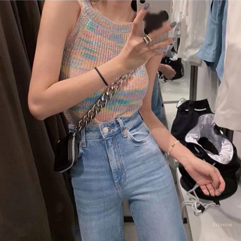 Áo Croptop Dệt Kim Hai Dây Màu Cầu Vồng Thời Trang Mùa Hè Cho Nữ