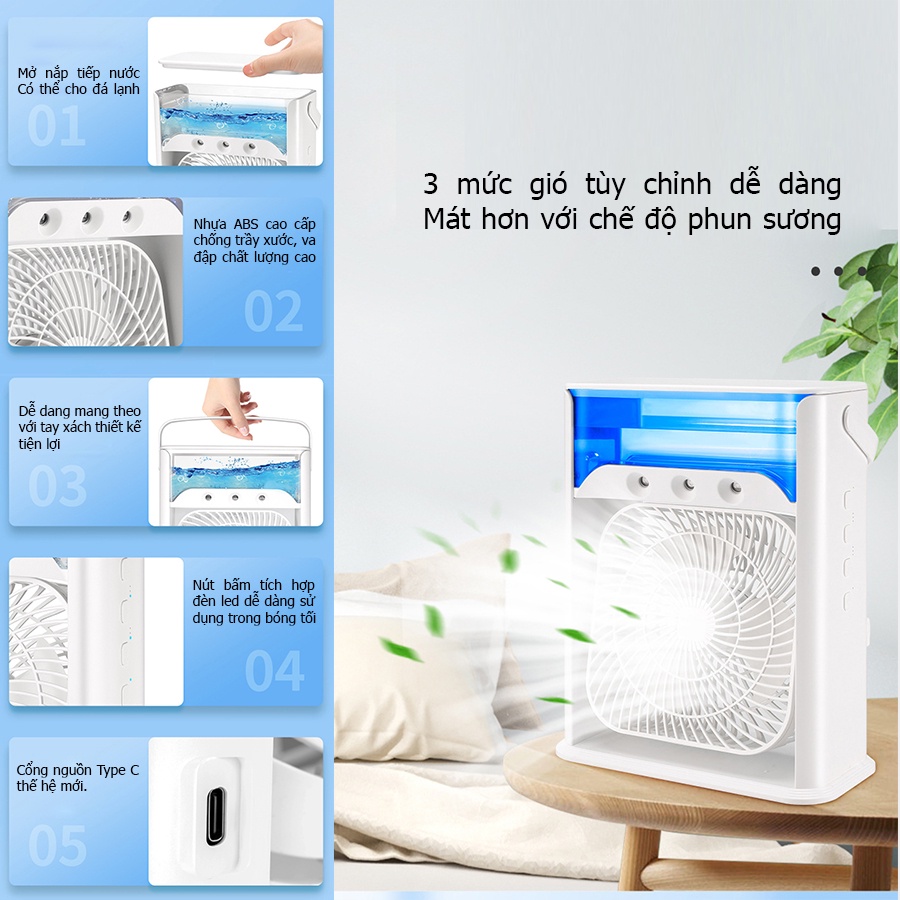 Quạt phun sương để bàn tích hợp đèn LED nhiều màu, quạt điều hòa mini cao cấp 3 tốc độ gió, dung tích bình chứa 680ml