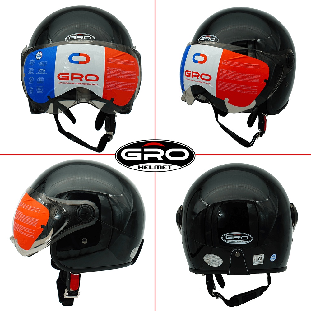 Mũ Bảo Hiểm 3/4 đầu GRO Helmet T818 có kính ngắn che nửa mặt, kiểu dáng thời trang cho nữ, khóa kim loại - Đen Bóng