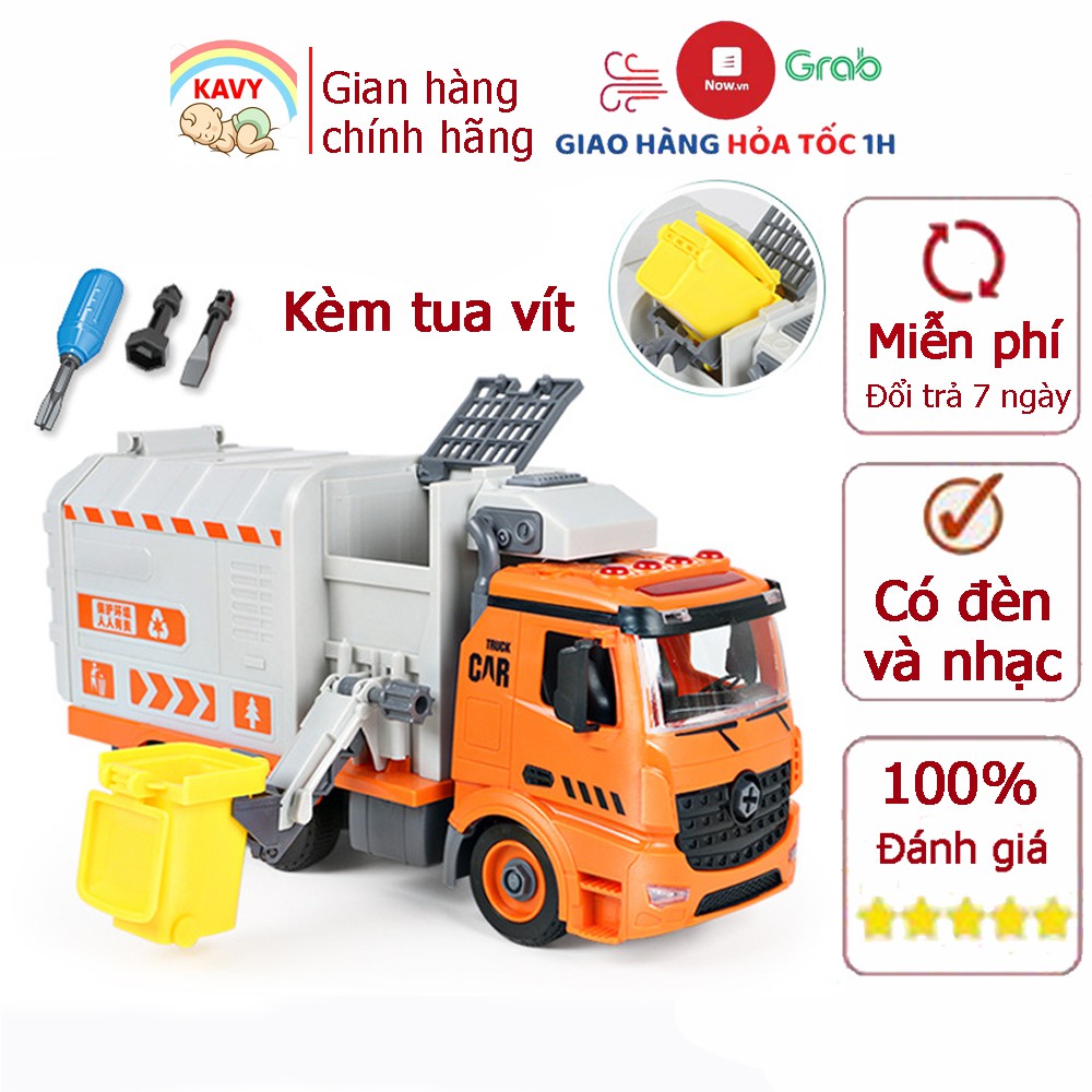 Xe ô tô đồ chơi vệ sinh KAVY thu gom rác mô hinh lắp ghép xe, có đèn và nhạc giúp bé phát triển kĩ năng cơ bản