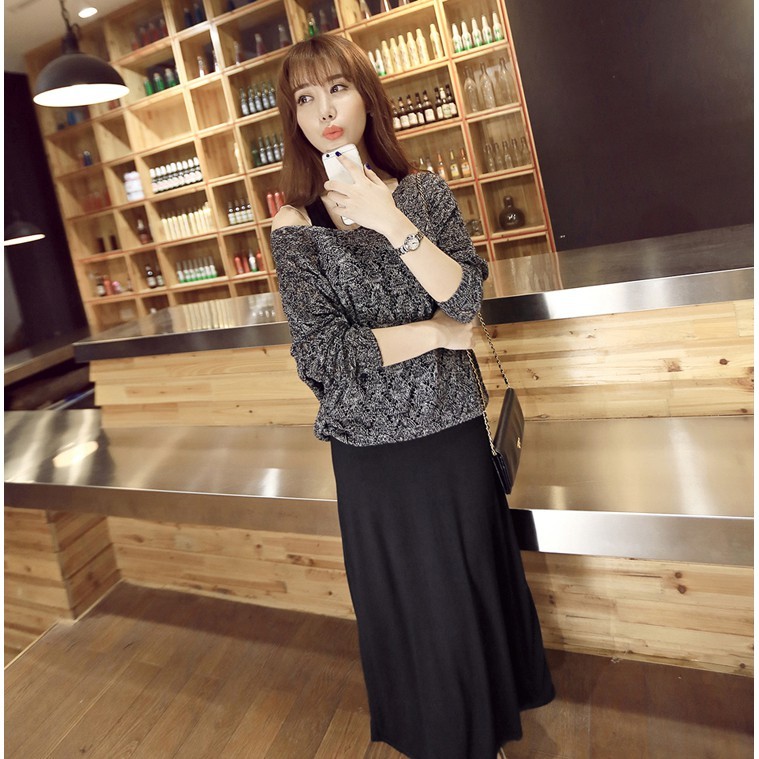 Bộ trang phục 2 món gồm đầm dài và áo len dáng mảnh phong cách Hàn Quốc dành cho nữ