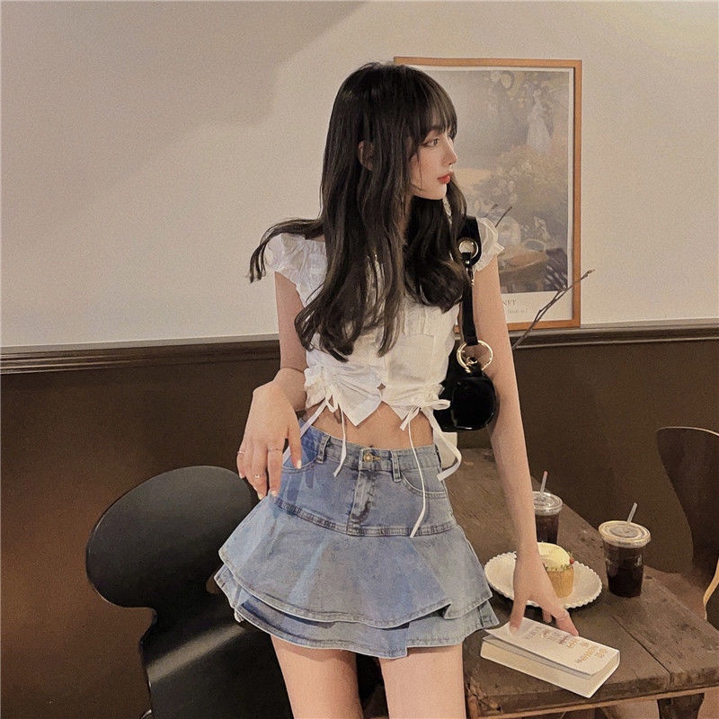 Jiashucheng Hàng Có Sẵn Chân Váy Denim Lưng Cao Xếp Tầng Phong Cách Retro Pháp Mùa Hè Mới Cho Nữ