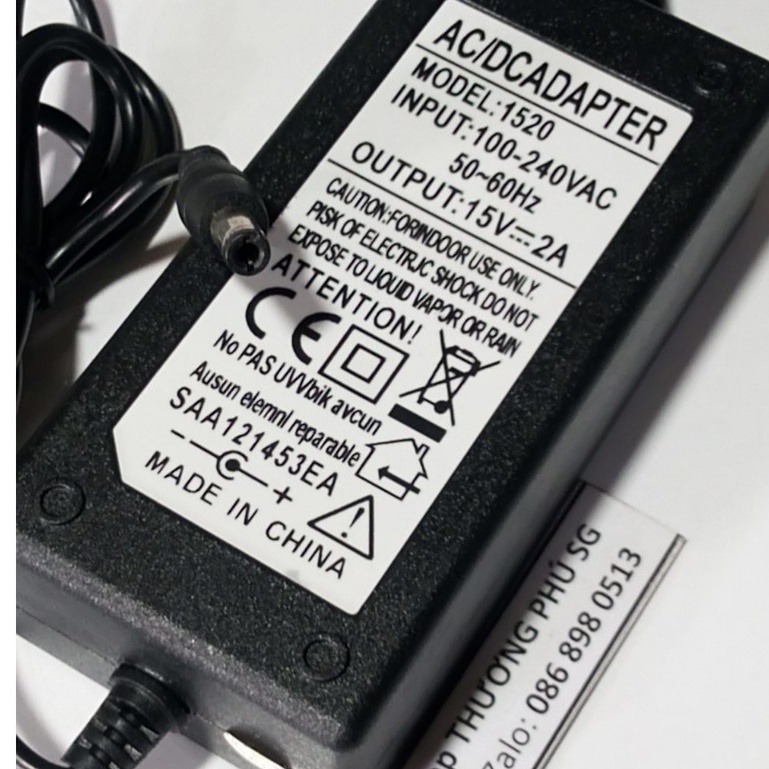 Bộ nguồn Adapter DC: 15V - 2A  - Đầu lớn