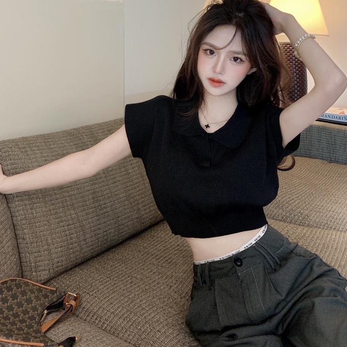 Áo len nữ croptop THOYEUFASHION, Áo croptop nữ chất len tăm cộc tay cổ bẻ hàng dệt kim cao cấp