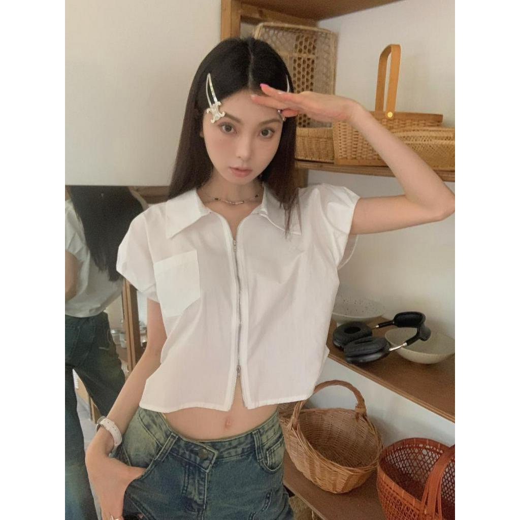Áo Sơ Mi Cổ Mép Lật Ngắn Tay Phối Khóa Kéo Đôi Thời Trang Hàn Quốc 63423