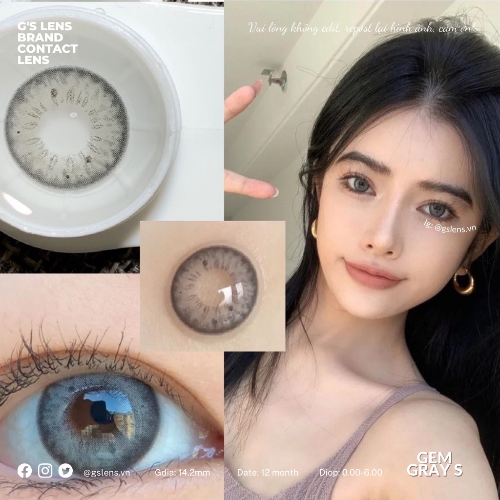 Lens Mắt Kính Áp Tròng Xám Tây Sáng Gem Gray Vân Mắt Giãn Ít Có Từ 0 Đến 7 Độ Lệch Độ Size S 14.2mm