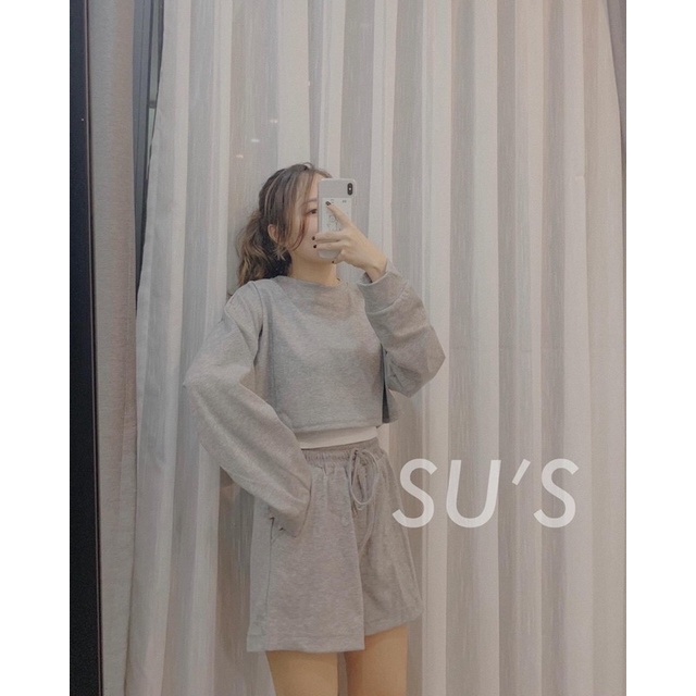 Se 3 món nỉ da cá thu đông gồm áo croptop nỉ mix quần đùi tặng kèm áo 2s