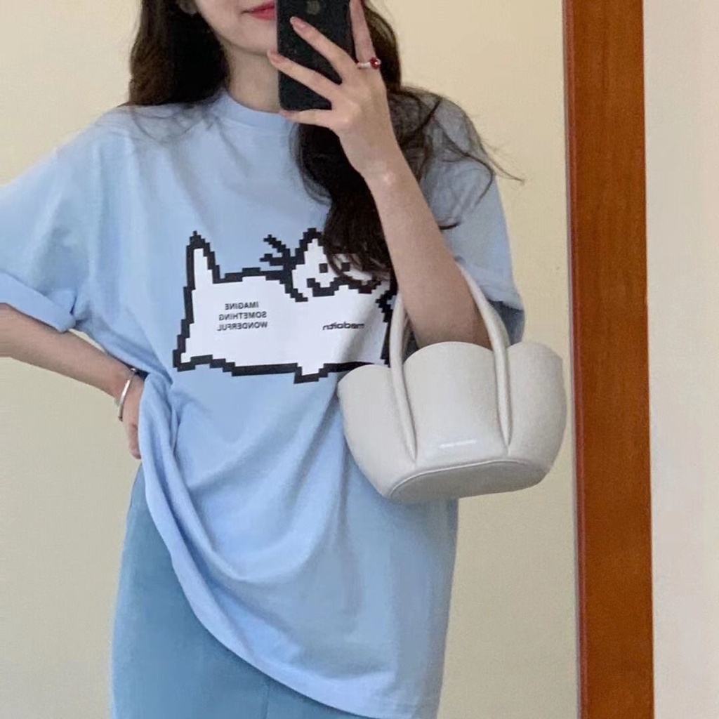 Áo Thun Tay Ngắn Cổ Tròn Dáng Rộng Vải Cotton In Họa Tiết Hoạt Hình Thời Trang Mùa Hè Cho Nữ