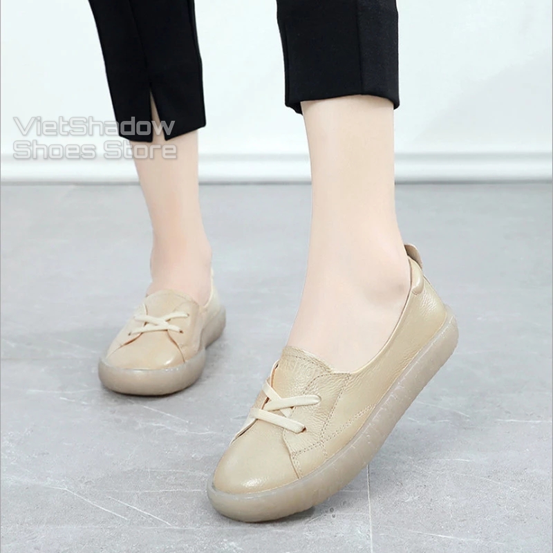 Slip on da nữ - Giày búp bê nữ đế bè - Da bò xịn, 3 màu be, trắng và đen - Mã SP 525