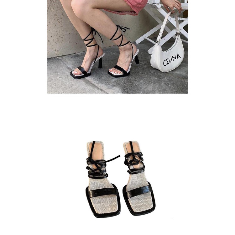 Đôi giày cao gót mũi vuông bằng vải lanh thời trang mùa hè cho nữ 2021